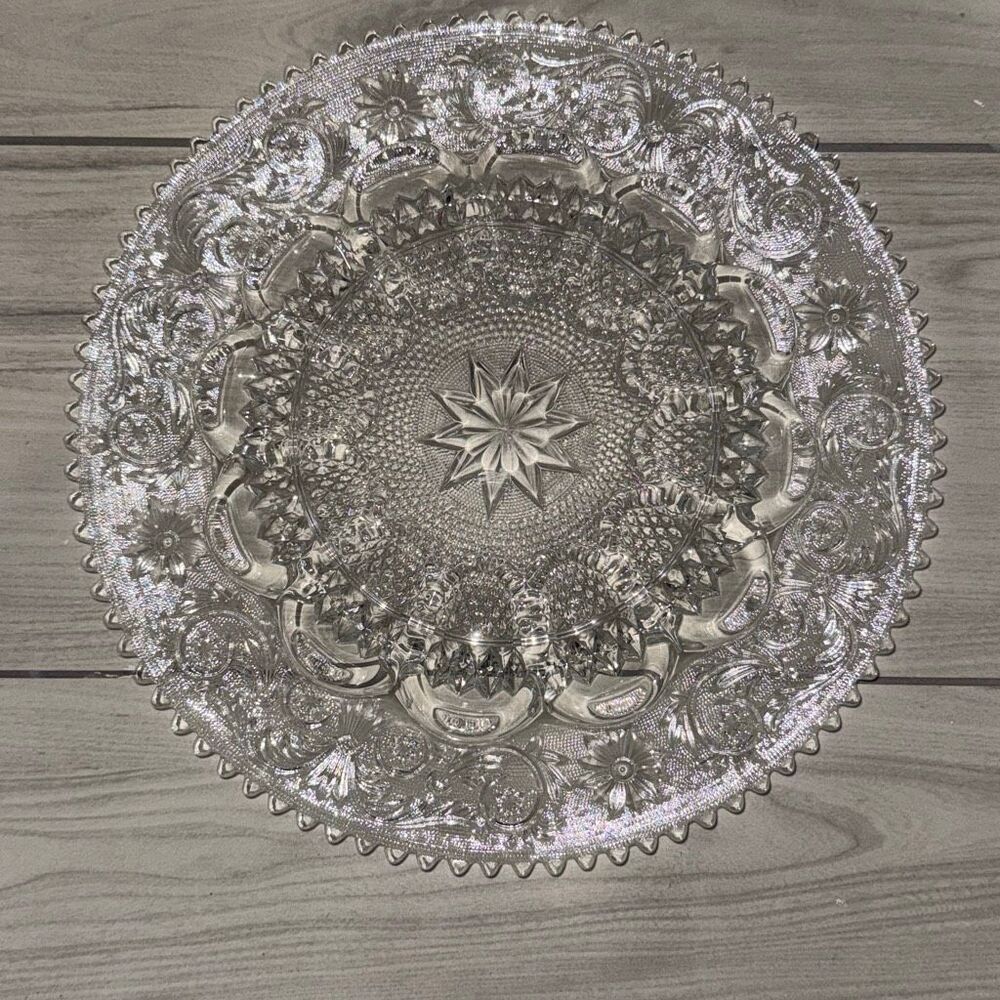 vintage Duncan & Miller clear glass deviled egg server in the "Sandwich" pattern